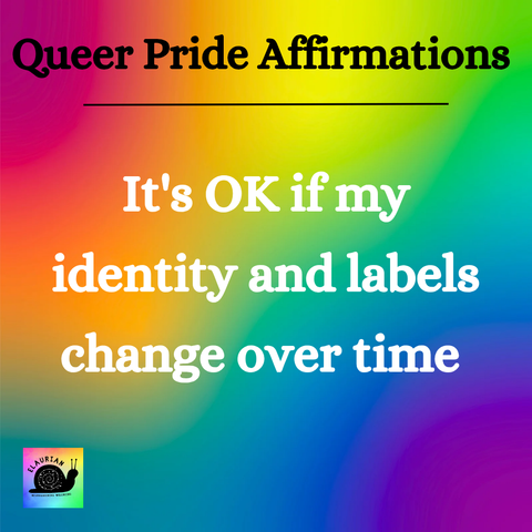 A rainbow gradient background with black writing at the top that says "Queer Pride Affirmations". Under that, in white, it says "It's OK if my identity and labels change over time"