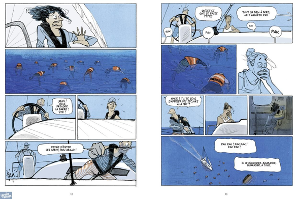 (double page)
des plaisanciers en pleine mer tombent sur un groupe de corps de migrants noyés, avec un survivant

Une des quelques pages graphiquement choquantes.