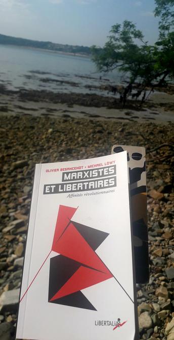 Couverture du livre d'Olivier Besancenot et Michael Löwy, " Marxistes et libertaires " - Affinités révolutionnaires. Éditions Libertalia. Couv' de Bruno Bartkowiak. 
Photo prise sur une grève au bord de la mer en Bretagne Nord.
