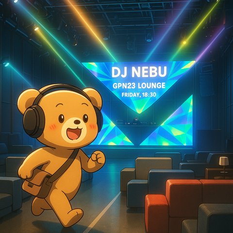 Ein KI-Slop Bild von dem DJ Nebu DJ-Bären, der etwas sorgenvoll und sehr vorfreudig in der GPN Lounge zwischen den Sofas hindurch auf die bunte, aus 3 Dreiecken zusammengesetzte Bühne zuläuft. Auf einem der Displays steht: "DJ Nebu, GPN23 Lounge, Friday 18:30"