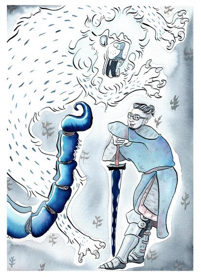 Dessin à l'aquarelle dans des tons bleus d'un chevalier appuyé sur son épé, avec une grosse manticore qui prend tout l'espace de la feuille