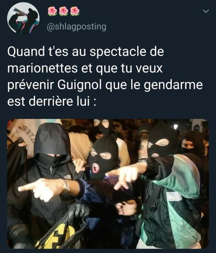 Image titrée «Quand t'es au spectacle de marionettes et que tu veux prévenir Guignol que le gendarme est derrière lui».
Sur la photo, une foule de gens cagoulés (probablement une sorte de black block), dont deux pointent du doigt en semblant crier «là ! là !»