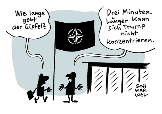 Ein Diplomat kommt am NATO-Hauptquartier an und fragt: „Wie lange geht der Gipfel?“ Ein anderer zuckt mit den Schultern: „Drei Minuten. Länger kann sich Trump nicht konzentrieren.“ (Credit: SCHWARWEL)