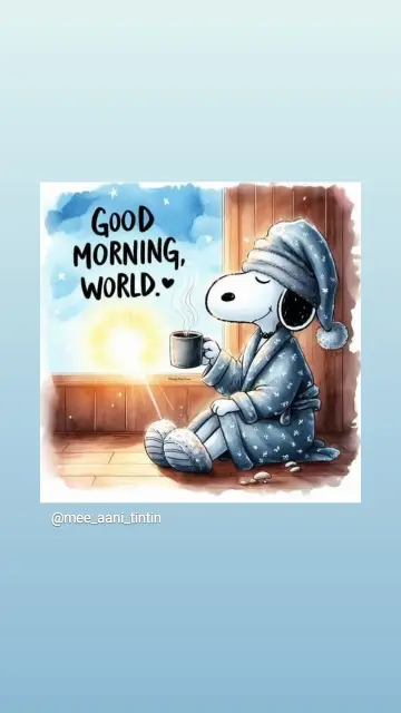 Snoopy sitzt in Nachtmütze, Hausmantel und Puschen am Fenster in der Morgen Sonne, einen Kaffeebecher in der Pfote.
Text: Good Morning World ❤️