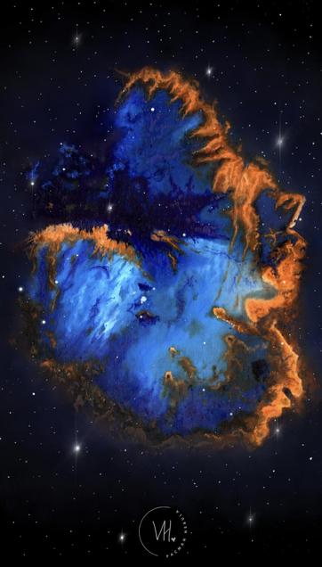 My painting of the Pacman Nebula in blues and oranges.
