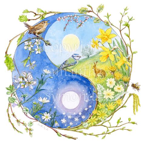 A Yin-Yang shape is surrounded by sprouting branches of native trees. The left hand half of the shape is filled with blue sky, and a large, watery sun forms the traditional 'dot'. White blossom and spring flowers overlay the sky, and a wren sings from a branch at the top. The right hand half features a hare sitting in a grassy field in a sunny day. A pale yellow sun forms the 'dot'. Yellow flowers overlay the scene. A blue tit sits on a branch forming the curve between the two sections, and a bee hovers on the outside.