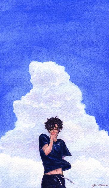 A watercolor painting of Jean Moreau a character from the books series All for the Game, holding a peach to his mouth and wearing dark blue clothes. The background is an open sky with a big cloud.