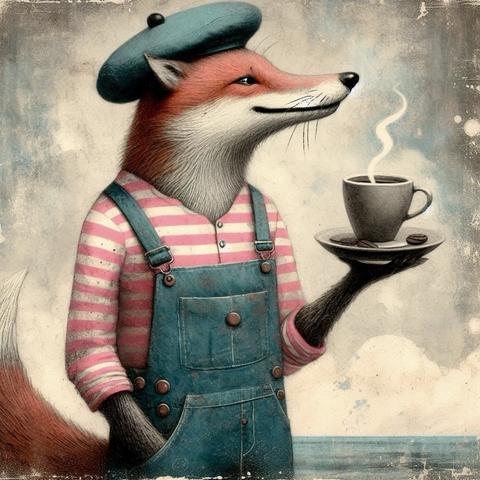 KI-Bild (DALL•E3):

Ein zufrieden lächelnder Fuchs mit Meerblick und Kaffeetasse in der Pfote. Fritz hat sich modisch auch ein wenig an Frankreich angepasst: zu Arbeits-Latzhose und rosaweißem Ringelshirt trägt er statt Piratenhütchen eine Baskenmütze. Très chic!