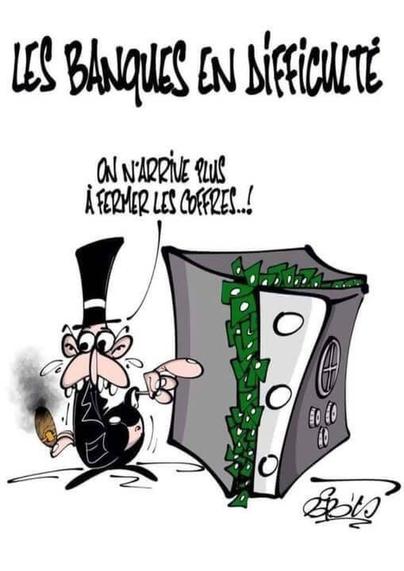 Dessin humoristique 

Un banquier avec chapeau haut de forme et toutiquanti à coté d'un coffre-fort impossible a fermer tant il est rempli de billets.

Légende:

"Les banques en difficulté, on n'arrive plus ç fermer les coffres..!"