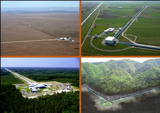 Aerial views of the LIGO, Virgo and KAGRA detectors Credit: Caltech/MIT/LIGO Lab; The Virgo collaboration/CCO 1.0; ICRR, Univ. of Tokyo