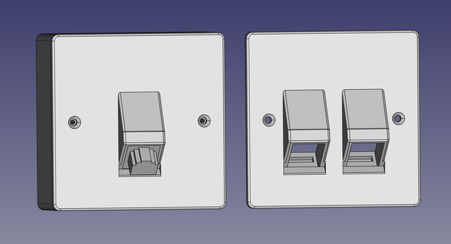 A keystone holder for RJ45 network cables in FreeCAD. Left a version for one, right a faceplate for two ports.