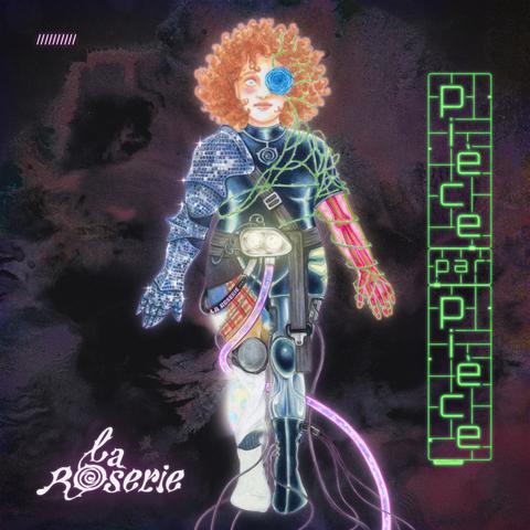 Pochette de l'album "Pièce par Pièce" de l'artiste de rap La Roserie. Au centre, une illustration de femme rousse avec les cheveux bouclés. Son corps est composé d'un assemblage de divers éléments qui font référence aux morceaux de l'album et au concept de transition et "d'humain augmenté". En arrière-plan, un fond abstrait réalisé avec de l'encre et de la peinture à paillettes donnant une impression de galaxie. Le titre de l'album est écrit sous forme de pièces de maquette en plastique, comme celles des gundam.