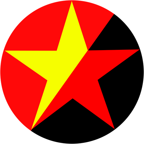 Round logo with a star, half yellow star on red ground, half red star on black ground, divided diagonally about 45 degrees to signify the socialist star, the anarchist star and the anarcho communist flag (red black diagonally divided) in unity and a shared goal of equality and a world without masters.