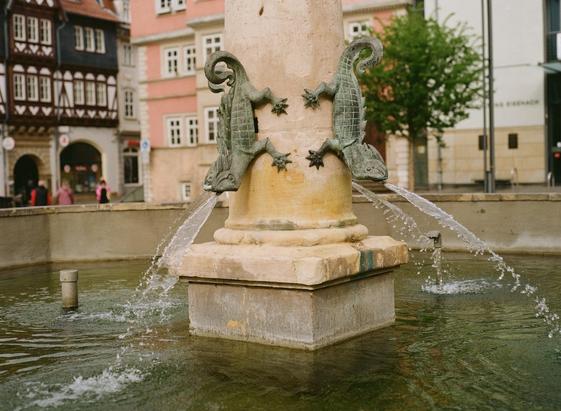 A decorative fountain featuring a stone pillar with two bronze lizard sculptures, from which water is flowing. The background includes historic buildings and greenery, creating a picturesque setting.