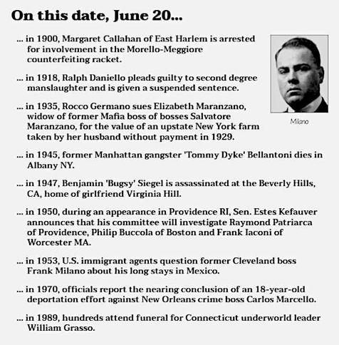Image of Frank Milano. Text reads: On this date, June 20...
in 1900, Margaret Callahan of East Harlem is arrested for involvement in the Morello-Meggiore counterfeiting racket.
in 1918, Ralph Daniello pleads guilty to second degree manslaughter and is given a suspended sentence.
in 1935, Rocco Germano sues Elizabeth Maranzano, widow of former Mafia boss of bosses Salvatore Maranzano, for the value of an upstate New York farm taken by her husband without payment in 1929.
in 1945, former Manhattan gangster 'Tommy Dyke' Bellantoni dies in Albany NY.
in 1947, Benjamin 'Bugsy' Siegel is assassinated at the Beverly Hills, CA, home of girlfriend Virginia Hill.
in 1950, during an appearance in Providence RI, Sen. Estes Kefauver announces that his committee will investigate Raymond Patriarca of Providence, Philip Buccola of Boston and Frank Iaconi of Worcester MA.
in 1953, U.S. immigrant agents question former Cleveland boss Frank Milano about his long stays in Mexico.
in 1970, officials report the nearing conclusion of an 18-year-old deportation effort against New Orleans crime boss Carlos Marcello.
in 1989, hundreds attend funeral for Connecticut underworld leader William Grasso.