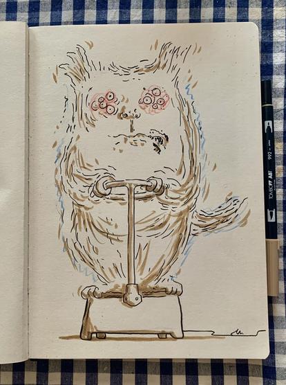 A cartoonish, fluffy creature with exaggerated features stands on a small vibration platform holding a handle. The creature has bulging eyes and a grumpy expression, surrounded by colorful, swirly lines that suggest being shaken through