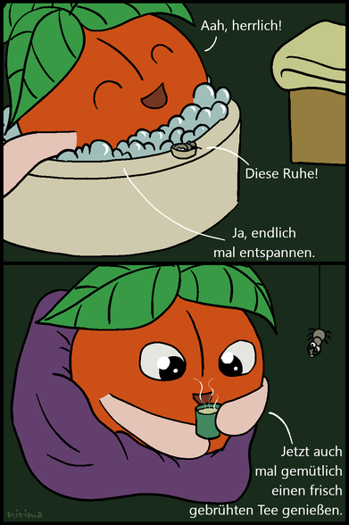 ein Tomaten-Comic bei dem die große Tomate und die Spinne die Ruhe genießen, die sie aufgrund der Abwesenheit der kleinen Tomate haben. Sie nehmen ein gemütliches Blubberbad und trinken ganz entsprannt Tee.