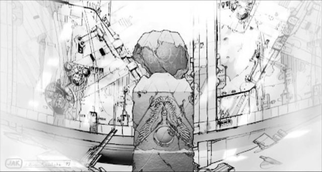 ENG: A black and white image of the Guidestone from Homeworld 1's end credits. It shows a stone stele standing in a starship wreck; a depiction of a circle surrounded by angel wings on either side is carved into it. At the top of the stele is a stone fragment with a galactic map engraved into it.

DE: Ein schwarz-weißes Bild des Guidestone aus dem Abspann von Homeworld 1. Man sieht eine Steinstele, die in einem Raumschiff-Wrack steht; darauf einmeißelt ist eine Darstellung eines Kreises, zu beiden Seiten mit Engelsflügeln umgeben. Oben auf der Stele ist ein Steinfragment, in das eine Galaxie-Karte eingraviert wurde.
