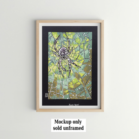 A small drawing of an Orb Weaver spider on a web, with a background of greens and browns on black paper.
There are many different species of Orb Weavers world wide, They are the most common group of builders of spiral wheel-shaped webs often found in gardens, fields, and forests.
An original art work
Colour pencil and mixed media on acid free toned artist paper
5 by 7 inches (12.7 by 17.8 cm).
Sold unframed