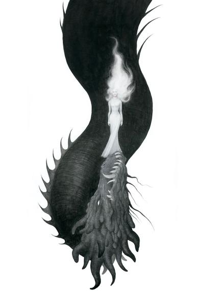 A black serpentine dragon hangs down from the top of frame (black and white on white background). The dragon turns its nose back up to face to top of the page and khaleesi stands on the top of his nose in a white dress and her hair being blown upwards like smoke.