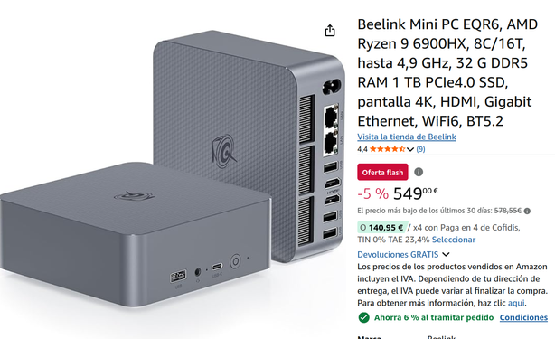 Imagen de un mini PC Beelink EQR6 de color gris oscuro, junto a su caja. El mini PC tiene múltiples puertos y ranuras visibles en su lateral.  La descripción del producto indica que incluye un procesador AMD Ryzen 9 6900HX, 32 GB de RAM, un SSD de 1 TB, y soporte para pantallas 4K. Se muestra también el precio y algunas opciones de pago.