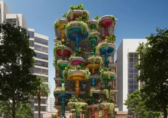 New building in Bogota that's designed round really bright colorful columns, with giant bowls on top filled with green. Front elevation view highlighting plants.