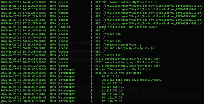 Extract from the log file. Malicious requests at the beginning, then the gatekeeper blocks...
