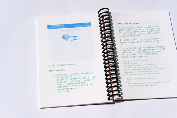 Two pages of the zine, an article on how to self-host a website