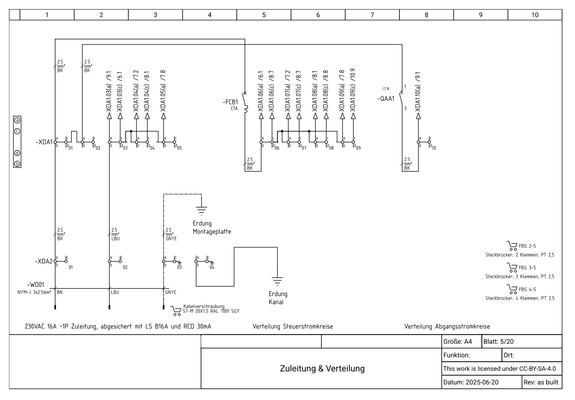 Excerpt of the wiring diagrams showing the power distribution terminals.  Bottom left, the service infeed is shown, terminating into -XDA2.  From there, it runs to the distribution terminal block -XDA1.  This one has two sections, one is protected by an additional C1A circuit breaker (-FCB1) and the other is switched by a contactor (-QAA1).  On the left of the terminals, a legend is shown which details which terminals of the blocks are which.