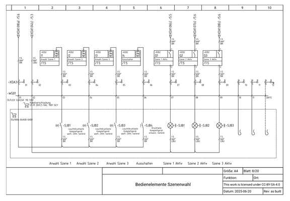 Another page from the wiring diagram.  This one shows a number of illuminated push-buttons and their connections to the LOGO! I/O.  They are routed through a cable -WG01 terminating at terminal block -XDA3.