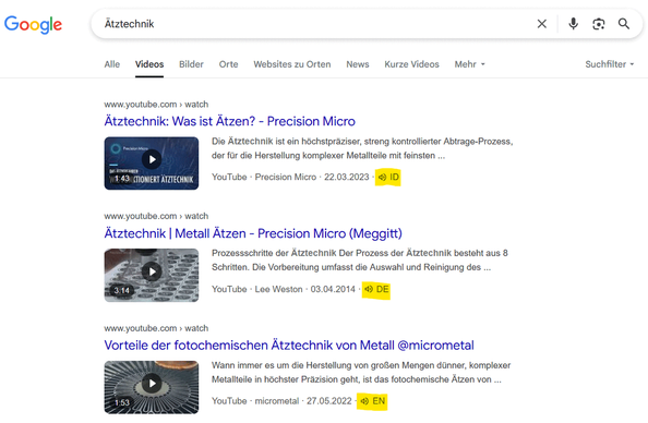 Google is testing a video speaker icon with a language label for the video search result snippets