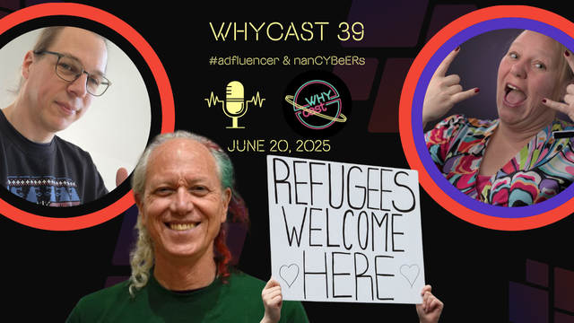 Thumbnail for the WHYcast episode 39, with pictures of Ad, Nancy and Mitch and a sign that reads "Refugees welcome here"