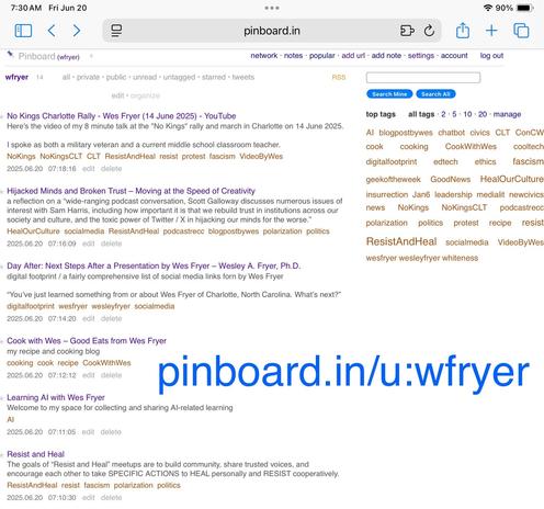 A digital screenshot of a webpage featuring various links and tags related to Wes Fryer, including content about a "No Kings Charlotte Rally," discussions on creativity and social media, a cooking blog, and resources for learning with AI. The page includes references to