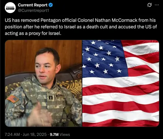 US has removed Pentagon official Colonel Nathan McCormack from his position after he referred to Israel as a death cult and accused the US of acting as a proxy for Israel.

#USA #Penatagon #Israel #DeathCult #ProxyWar #ForeignControl #Iran #NuclearOption