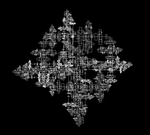 Non-regular fractal made with orthogonal outlined rectangles, white lines over black background.