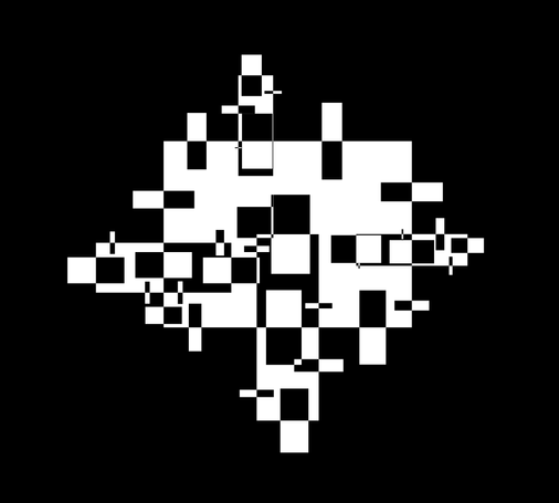 Non-regular fractal made with orthogonal filled rectangles, less divisions than before, white over black background.