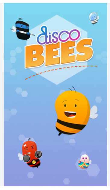 A cheerful illustration shows cartoon bees with varied expressions and costumes against a blue hexagonal backdrop. The text reads "Disco Bees."