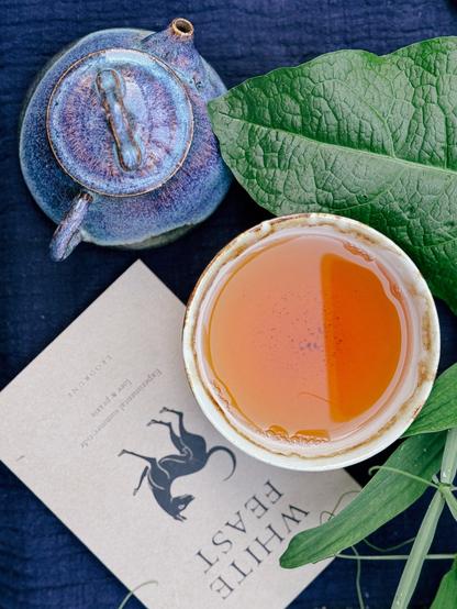 A blue and purple glazed teapot, a teacup filled with amber-colored tea, and a copy of the White Feast from Leodrune Press all sitting on a blue towel with leaves encroaching from the nearby flower bed.