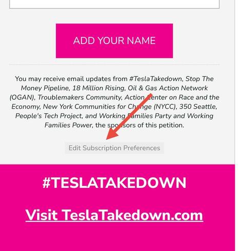 Screenshot of the petition web site. Beneath the button labeled “add your name” is this text: “You may receive email updates from #Tesla Takedown, Stop The Money Pipeline, 18 Million Rising, Oil & Gas Action Network (OGAN), Troublemakers Community, Action Lenter on Race and the Economy, New York Communities for Chenge (NYCC), 350 Seattle, People's Tech Project, and Working Families Party and Working Families Power, the spo sors of this petition.”