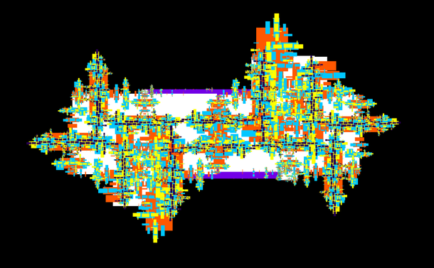 Fractal made with rectangles of colours purple, white, orange, cyan, yellow and dark purple, over black background.