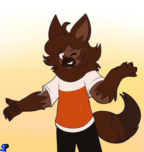 An anthropomorphic dog looking at the viewer and winking, while pulling off an elaborate pose.