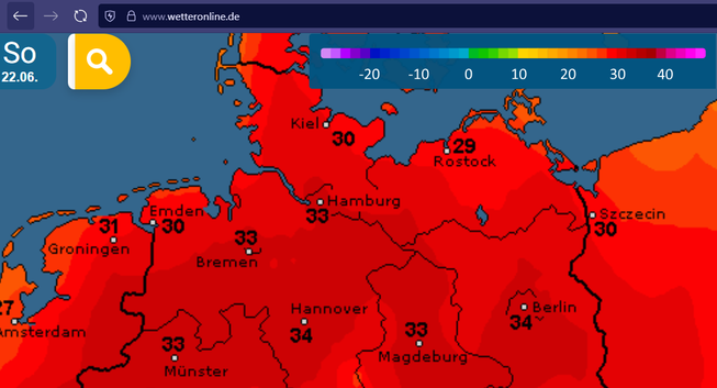 Karte von Norddeutschland (und bis in die Nachbarländer 'links und rechts')
Temperatur-Vorhesage von wetteronline.de
Hamburg 33°
im Umland ähnlich von 29° in Rostock bis 34° in Hannover