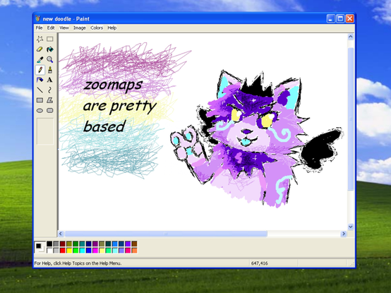 digital art - screenshot of a microsoft paint window opened in front of the classic 'bliss' desktop background, with a drawing of blossom the purple cat in it and a scribbled zoomap flag on the left that has 'zoomaps are pretty based' written over it in comic sans ms