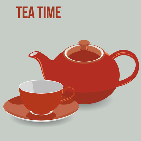 Dessin d'une théière et d'une tasse de thé rouge orangé.