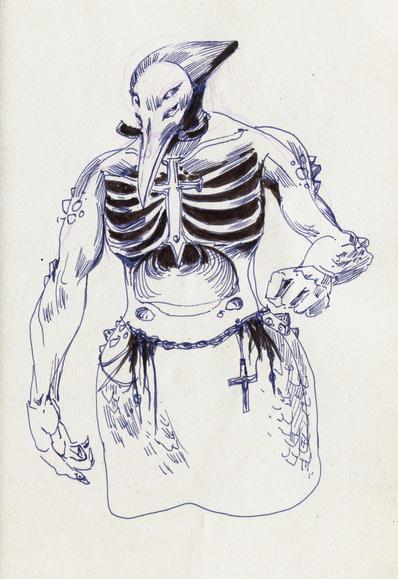 An undead scary mermaid drawn in pen and ink