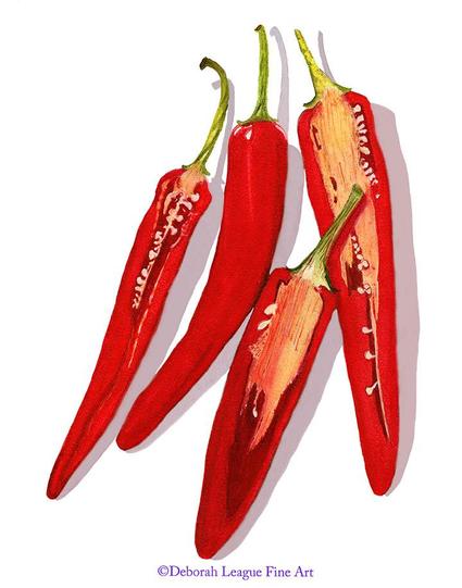 Four bird's eye chili peppers on a white background art print. Bright and colorful wall art for your kitchen. Also great in a bistro or restaurant. The painting's realistic style makes the chilies appear as though you could reach out and pick them up.