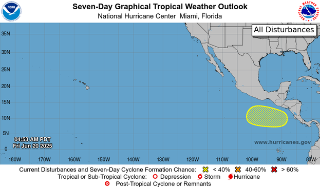 ZCZC MIATWOEP ALLTTAA00 KNHC DDHHMMTropical Weather OutlookNWS National Hurricane Center Miami FL500 AM PDT Fri Jun 20 2025For the eastern and central North Pacific east of 180 longitude:1. Offshore of Central America and Southern Mexico:An area of low pressure is forecast to develop early next week off the coast of Central America. Environmental conditions appear conducive for some gradual development after that time as the system moves west-northwestward off the coasts of Central America and southern Mexico.* Formation chance through 48 hours...low...near 0 percent.* Formation chance through 7 days...low...30 percent.Forecaster Cangialosi/Nepaul