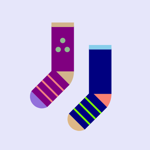 Two socks: One is a Purple sock with a Tan heel, a MediumPurple toe, and a Tan cuff, with three DarkSeaGreen dots in a triangle on the leg and three LightCoral stripes on the foot, and the other is a Navy sock with a Salmon heel, a Burlywood toe, and a SkyBlue cuff, with  three LawnGreen stripes on the foot, all on a Lavender background.