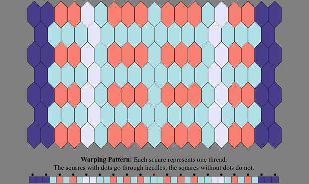 An Inkle weaving diagram and warping pattern in the color sequence listed in the text description: The warping pattern is a line of colored boxes with small dots above every other one, above which it states: "Warping Pattern: Each square represents one thread. The squares with dots go through heddles, the squares without dots do not." The weaving diagram is a series of tessellated lozenge shaped tiles illustrating how the pattern will appear when woven.