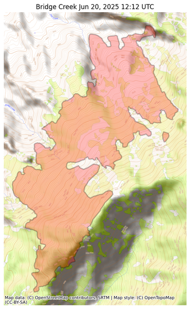 Visual map representation of the Bridge Creek wildfire, showing the perimeters of the 1412.6274258953936 acre fire on a map.
